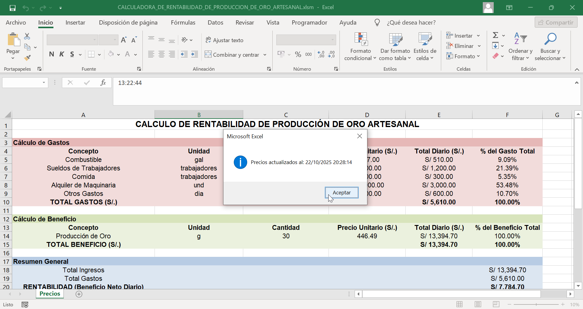 excel calculadora oro produccion